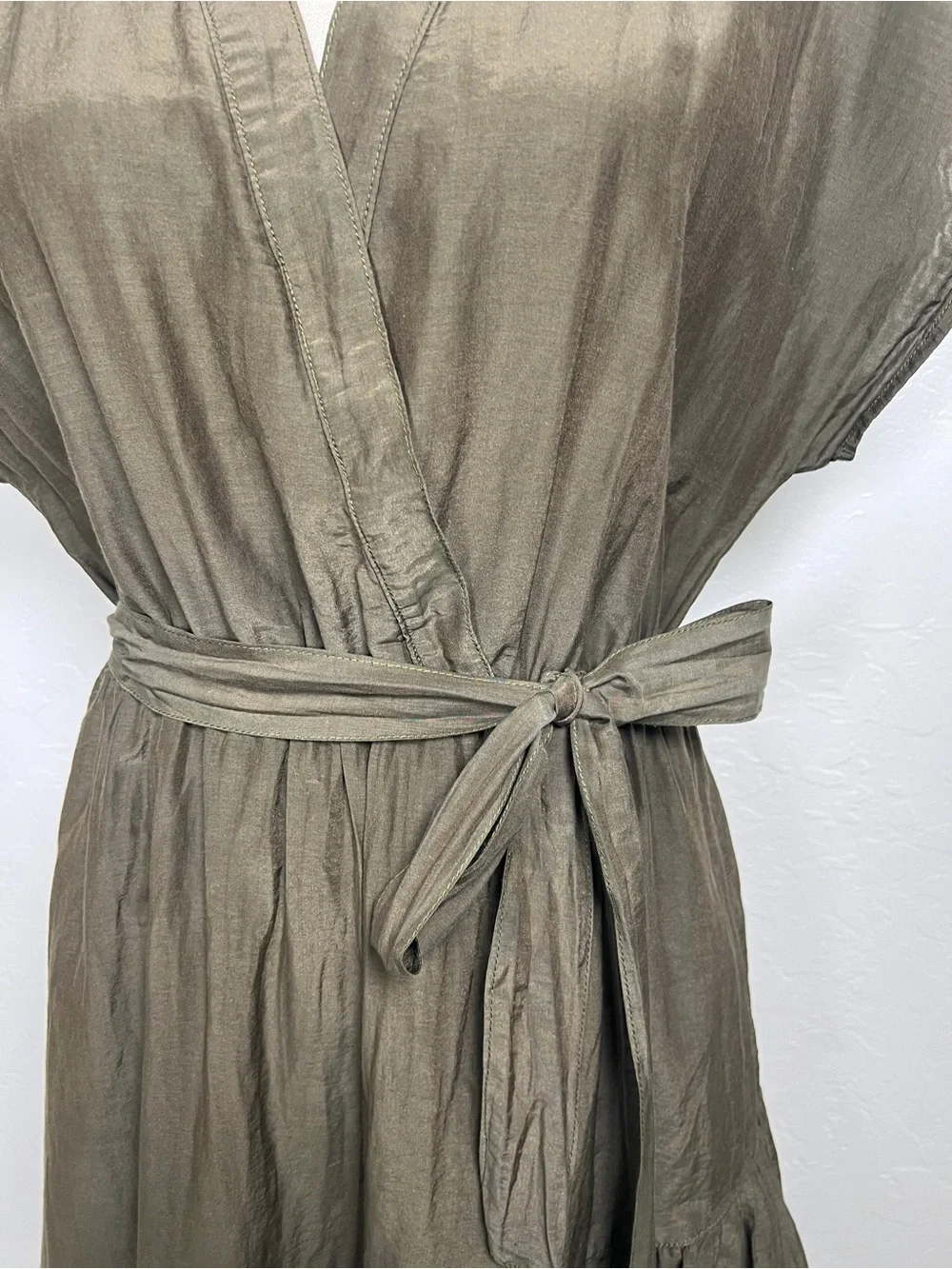 XIRENA Women’s Size S Olive Green Cotton Short Sleeve Faux Wrap Belted Dress - Picture 5 of 10